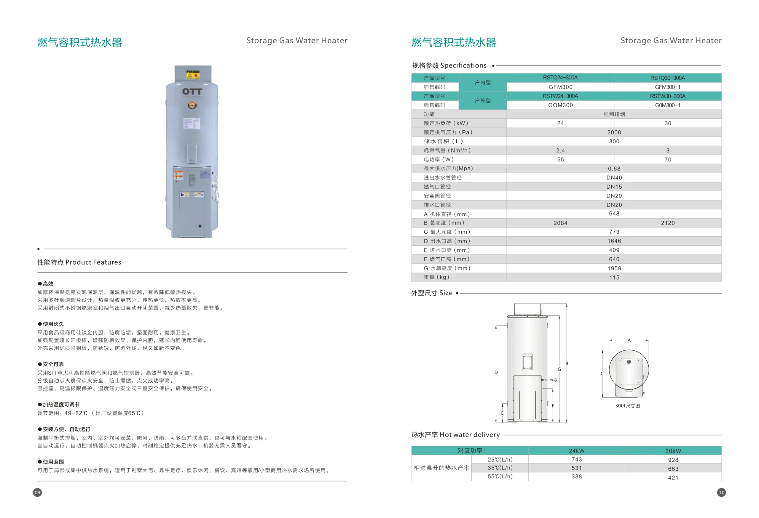 大功率燃气容积式热水器 - 24kW / 30kW 300L 户内/户外型