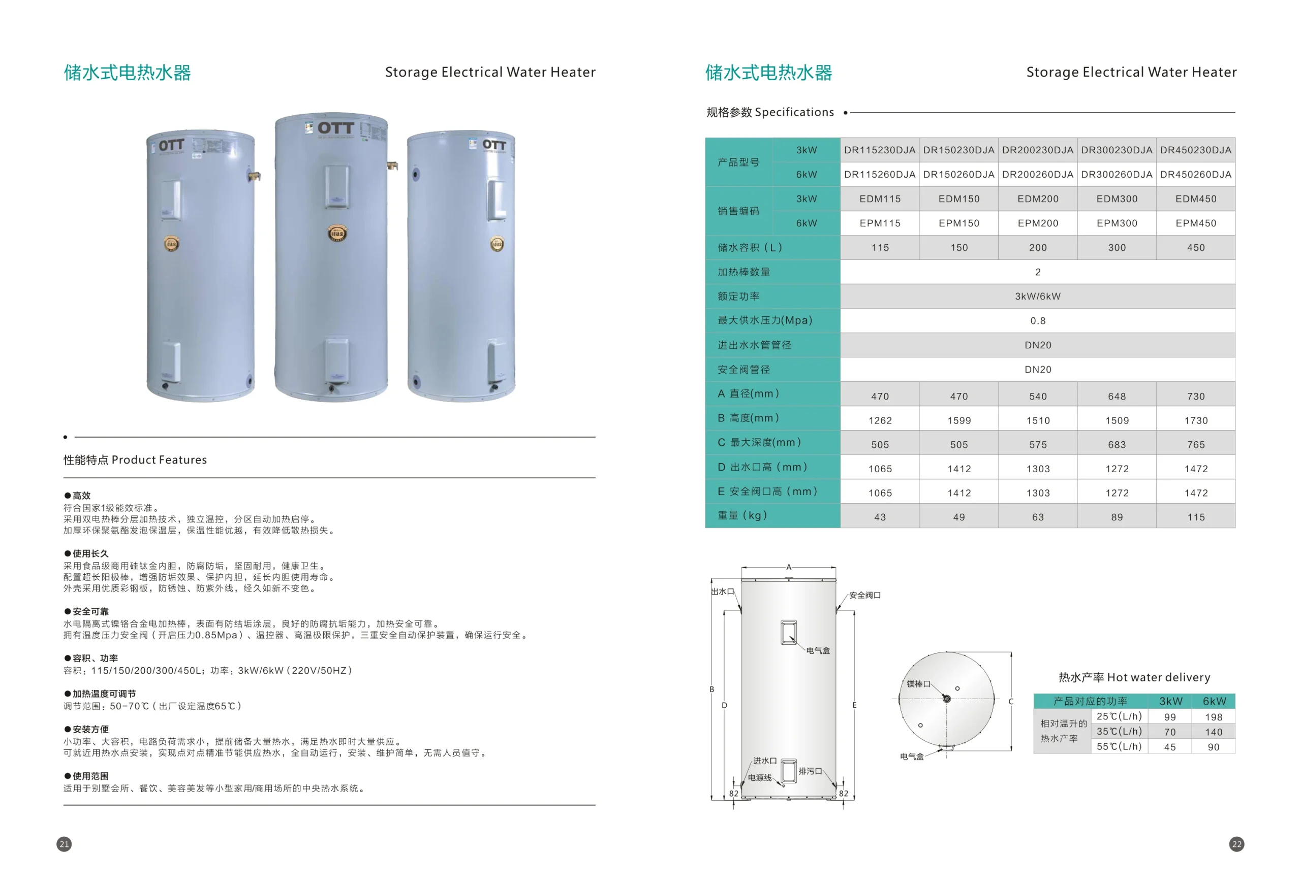储水式电热水器 - 双电热棒分层加热 一级能效