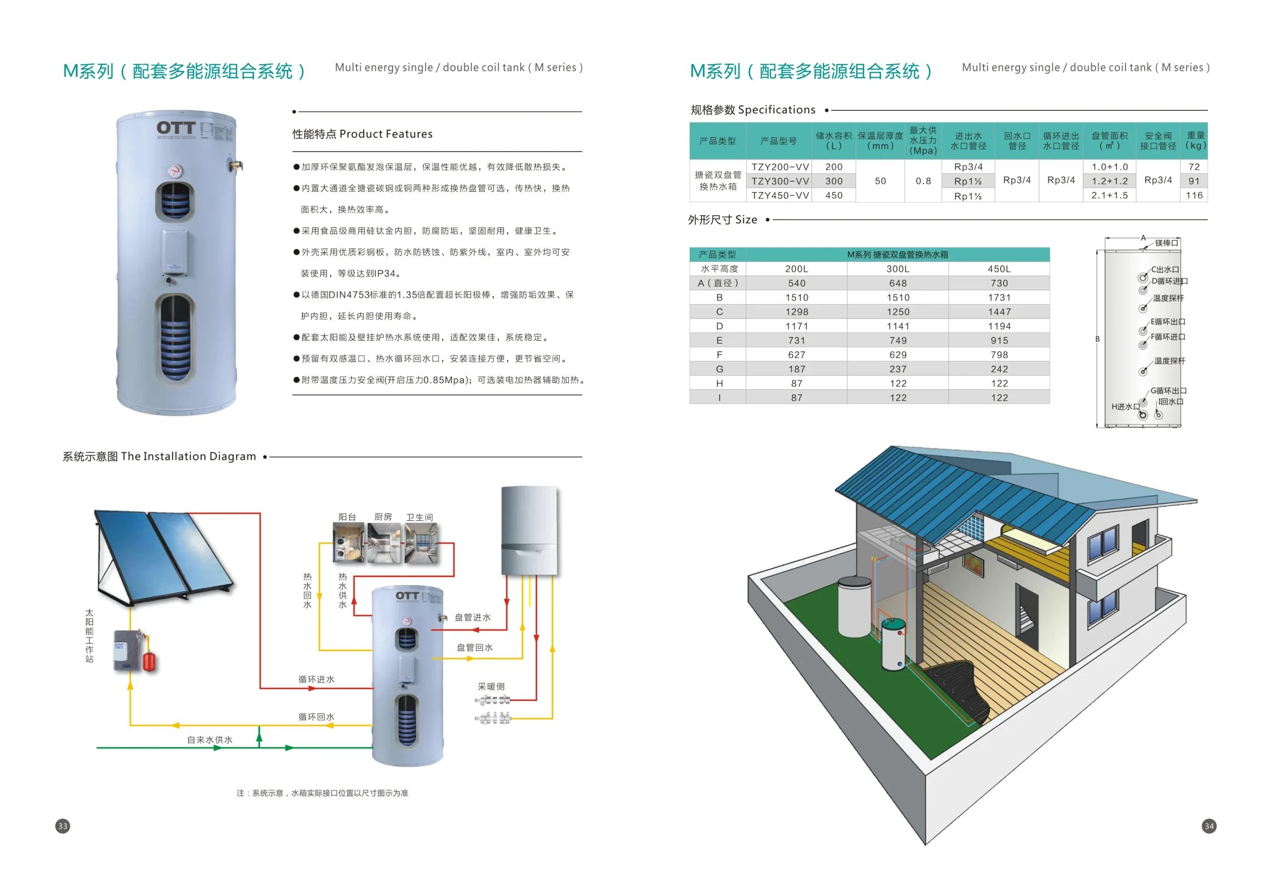M系列多能源承压水箱 - 200L-450L 双盘管 配套多能源组合系统