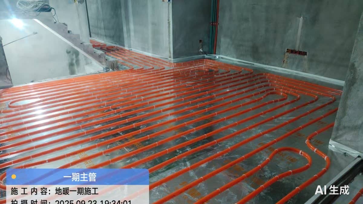 一层卧室地暖盘管:标准间距(15-20cm)、管道无接头一气呵成